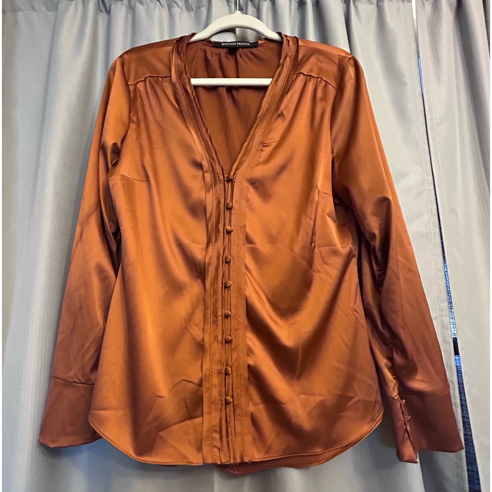 $15 sale Boston Proper satin Button Up Shirt career wear copper S
